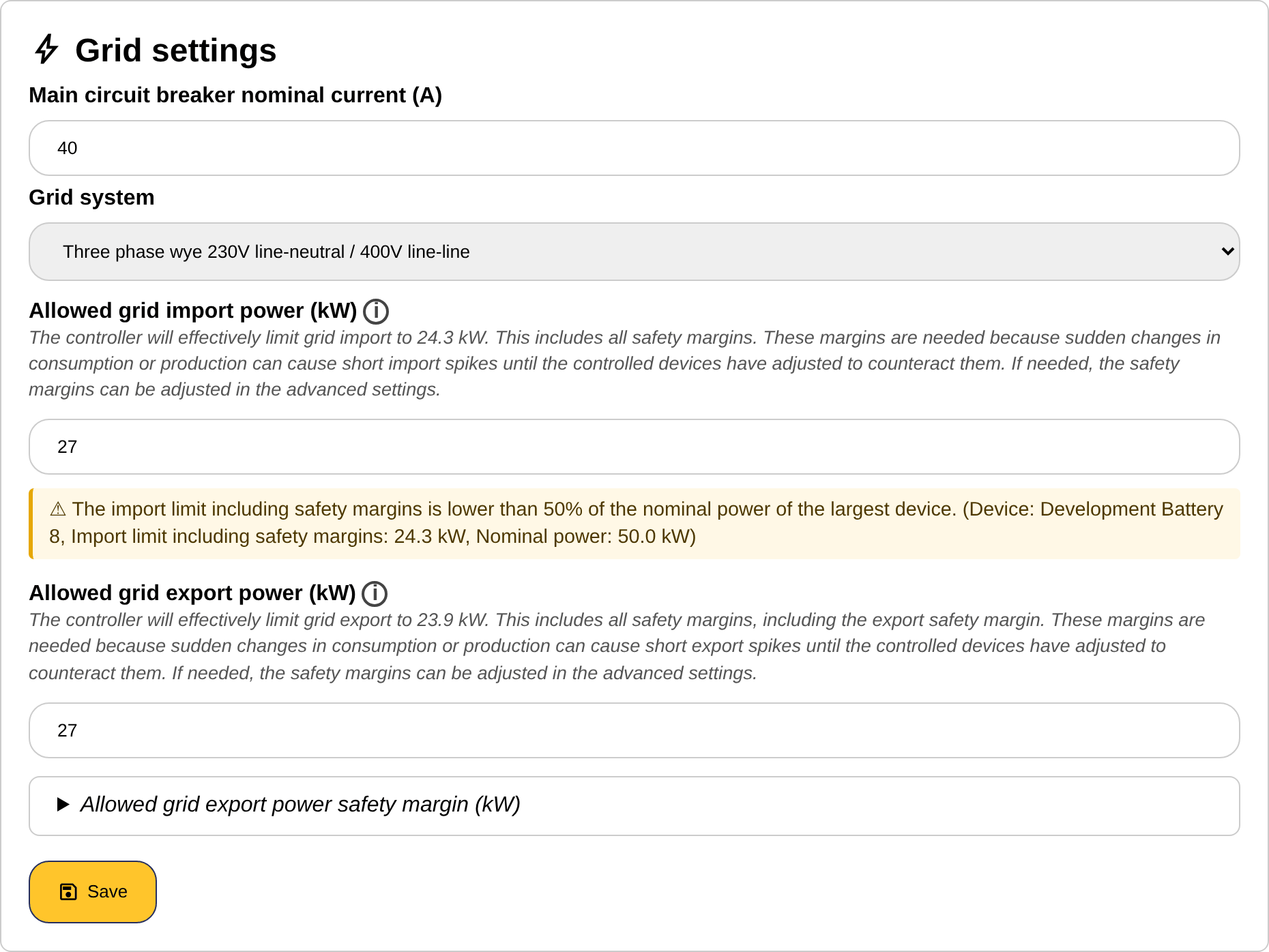 The grid settings section of the settings page
