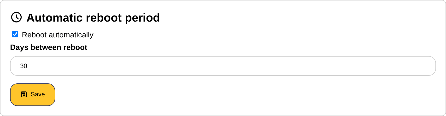 The automatic reboot period section of the settings page