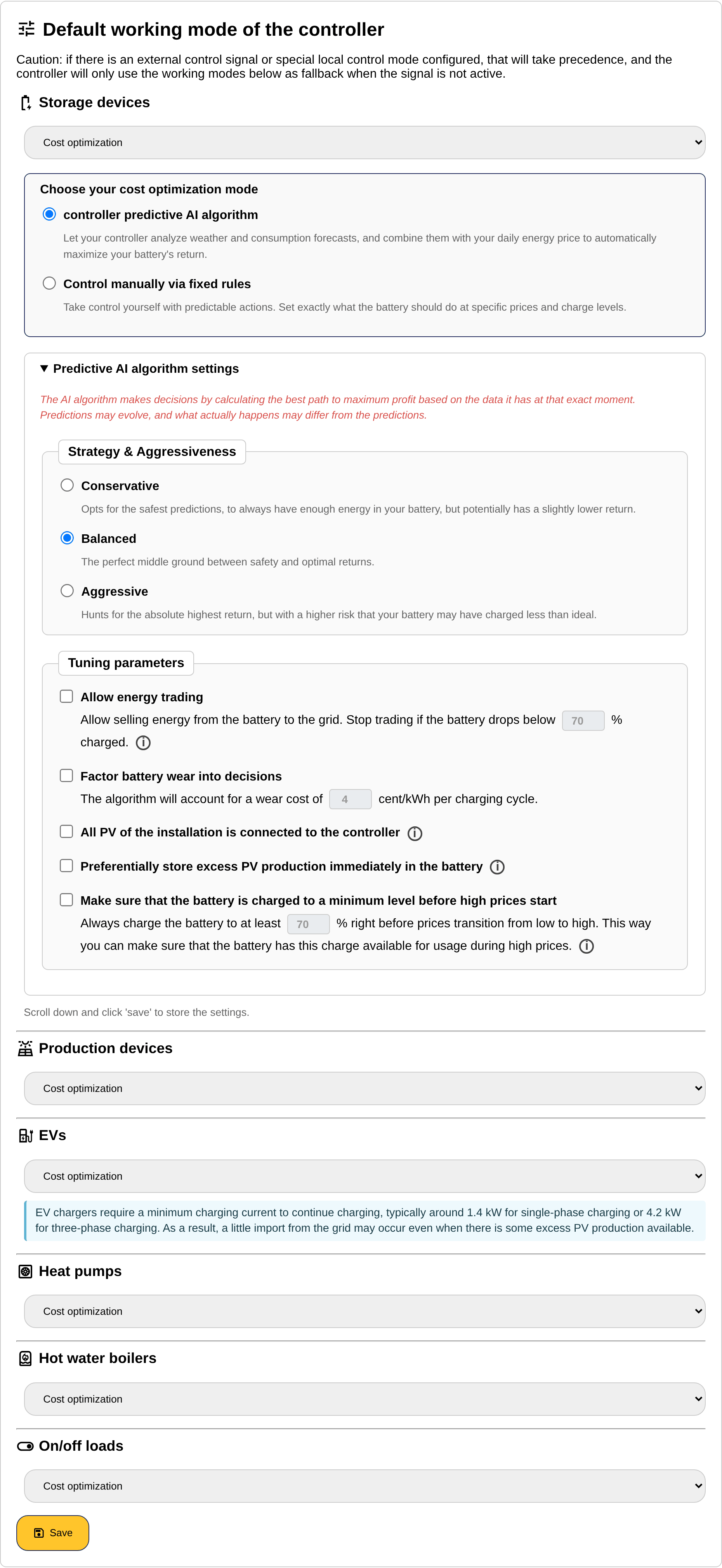 The default working mode section of the settings page