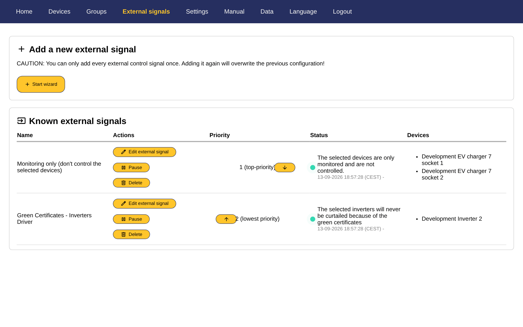 The external signals page with the known signals
