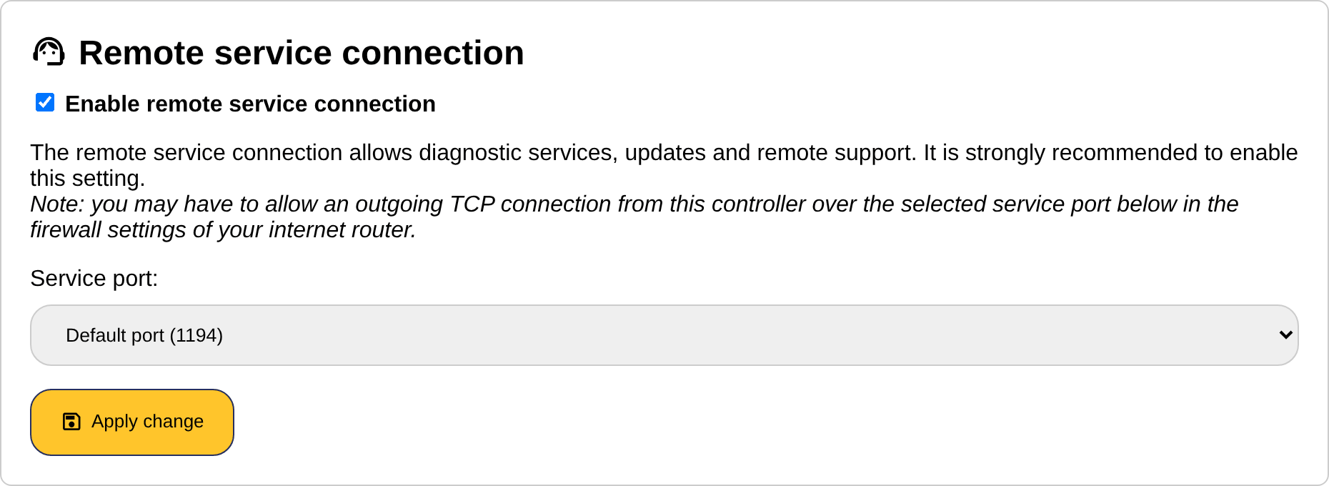 The remote service connection section of the settings page